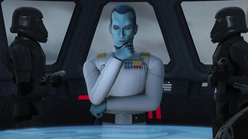 Grand Admiral Thrawn, presumably thinking about just how to explain the many layers of his name to these dumb Imperials. (Screenshot: Lucasfilm)
