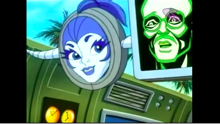 Future-Blight's sentient AI GAL flirtatiously mocks Dr. Blight's AI HAL. (Screenshot: TBS/Hanna-Barbera)