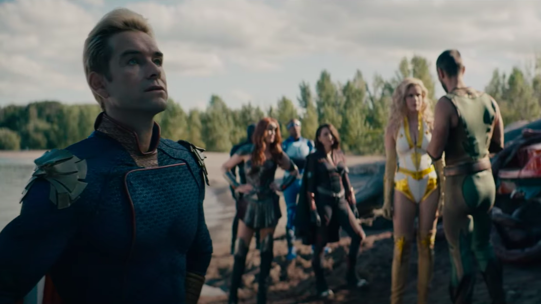 Homelander surveying what the Boys have done as the rest of the Seven confront the Deep. (Image: Amazon Prime)