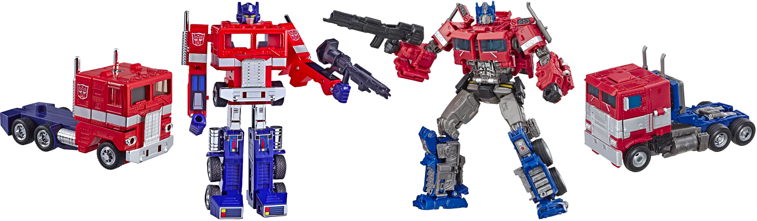 Hasbro's original Transformers G1 Optimus Prime figure (re-issue) (Left) compared to its Transformers Studio Series Voyager Class Optimus Prime figure. (Right) (Image: Hasbro)