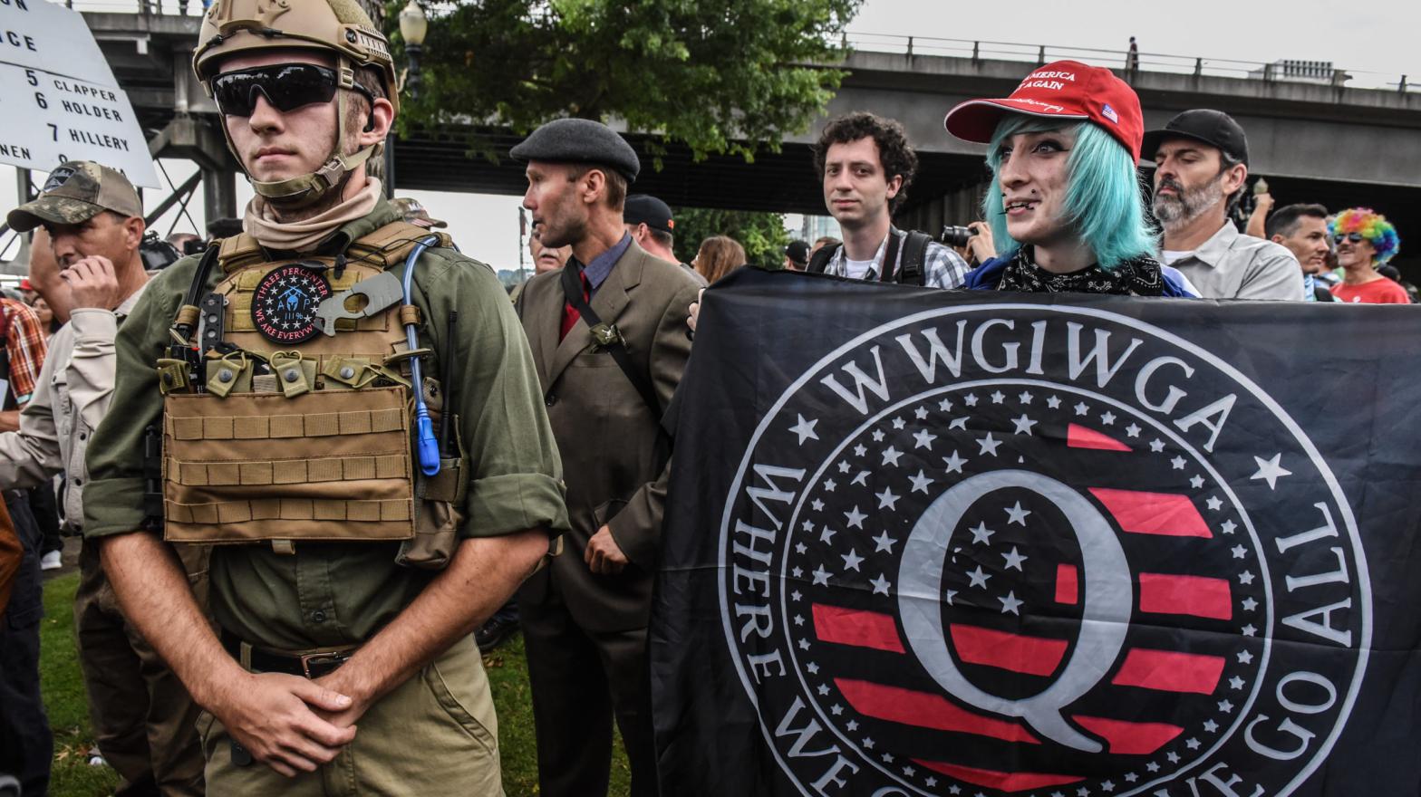 A QAnon banner at a far-right rally in August 2019 in Portland, Oregon. (Photo: Stephanie Keith, Getty Images)
