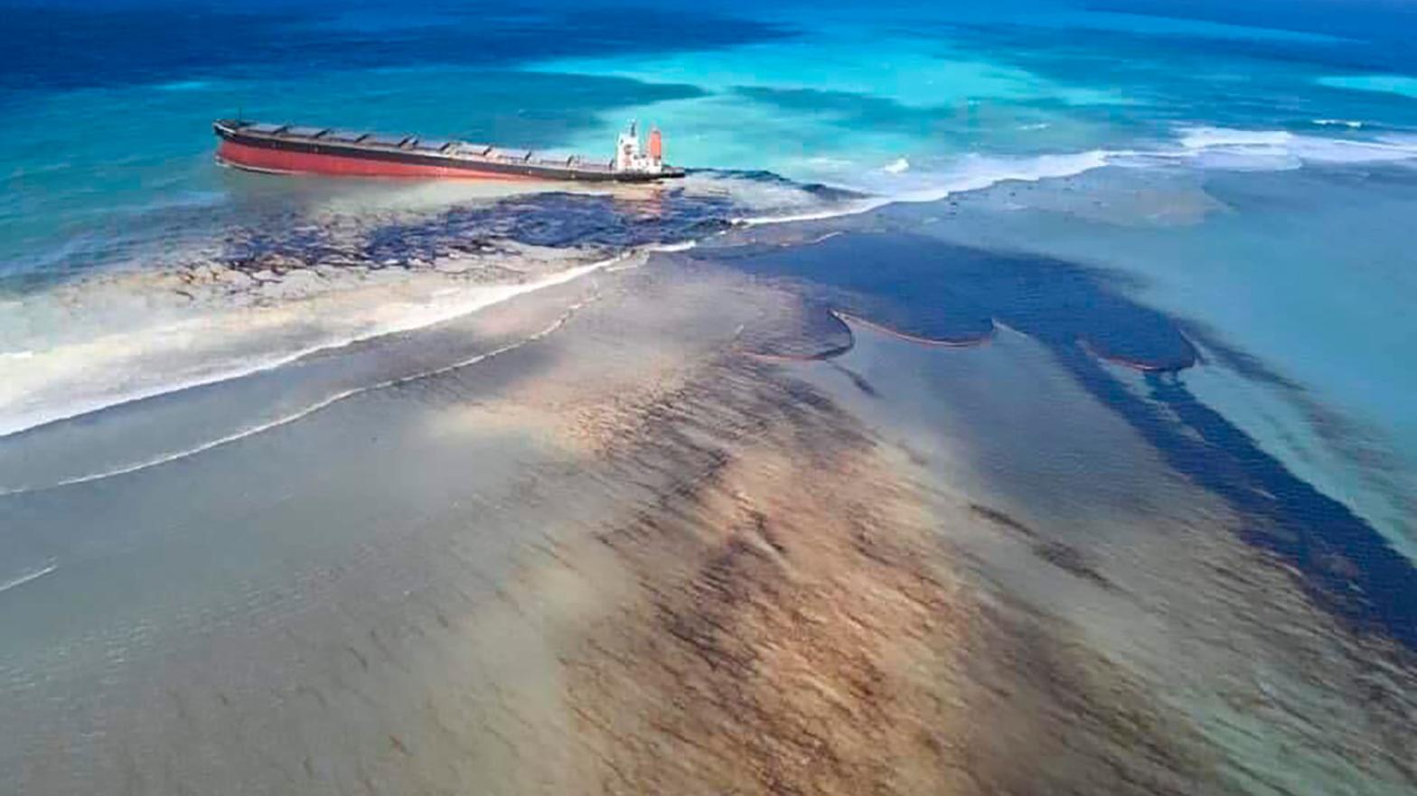 Oil leaks from the MV Wakashio, a bulk carrier ship that recently ran aground off the southeast coast of Mauritius, in what the island nation has now declared an environmental emergency.  (Photo: Georges de La Tremoille, AP)