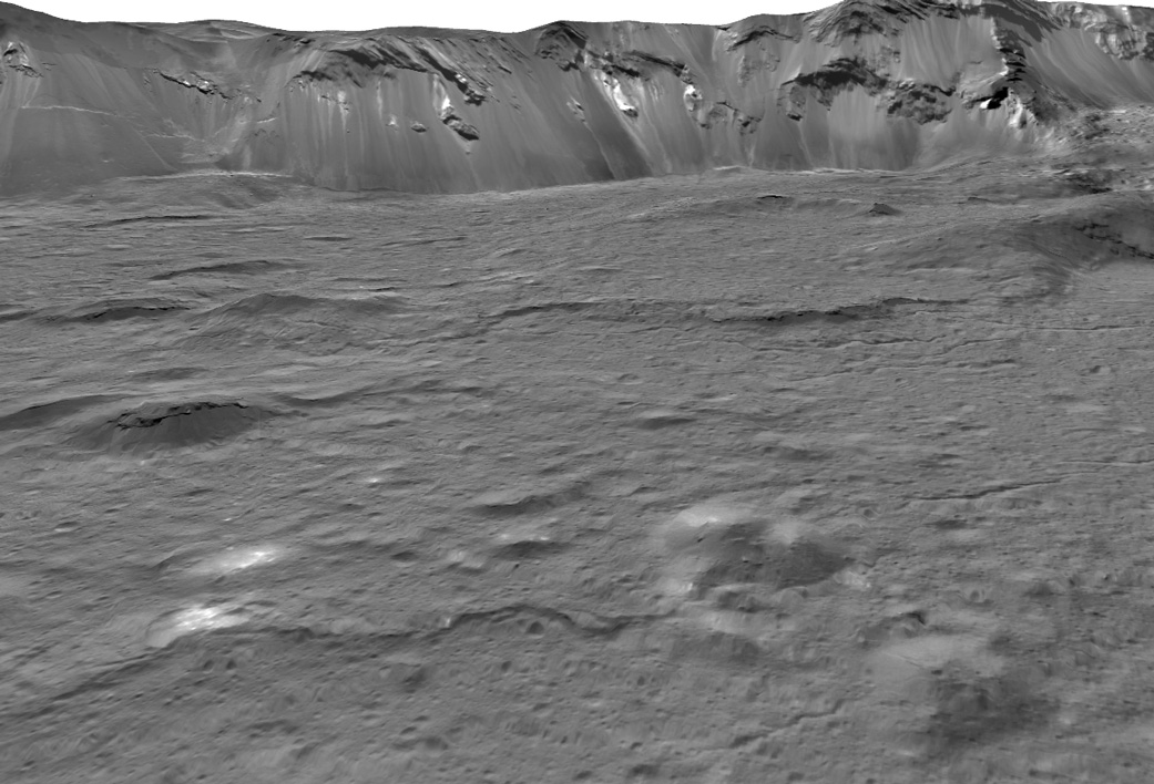 Bright white deposits and domes within Occator Crater, formed from the groundwater below.  (Image: NASA/JPL-Caltech/UCLA/MPS/DLR/IDA)