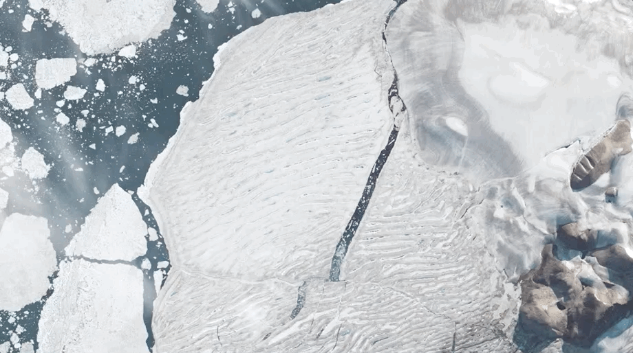 You can see the ice shelf breaking here between July 26 and July 31, 2020. (Image: Planet Labs Inc.)