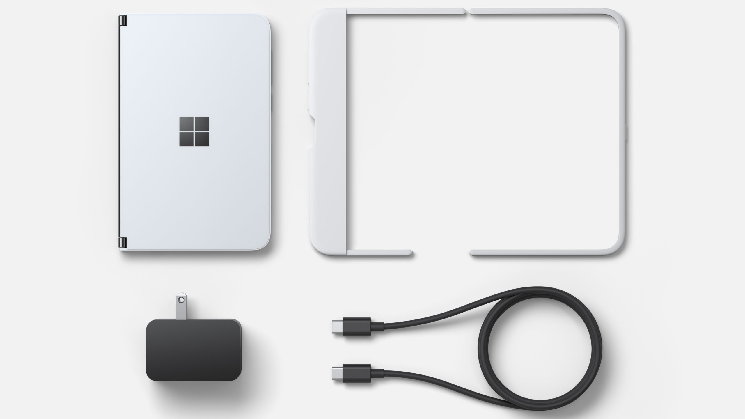Along with a power adaptor and cable, the Surface Duo will also come with a minimalist case of some sort.  (Photo: Microsoft)