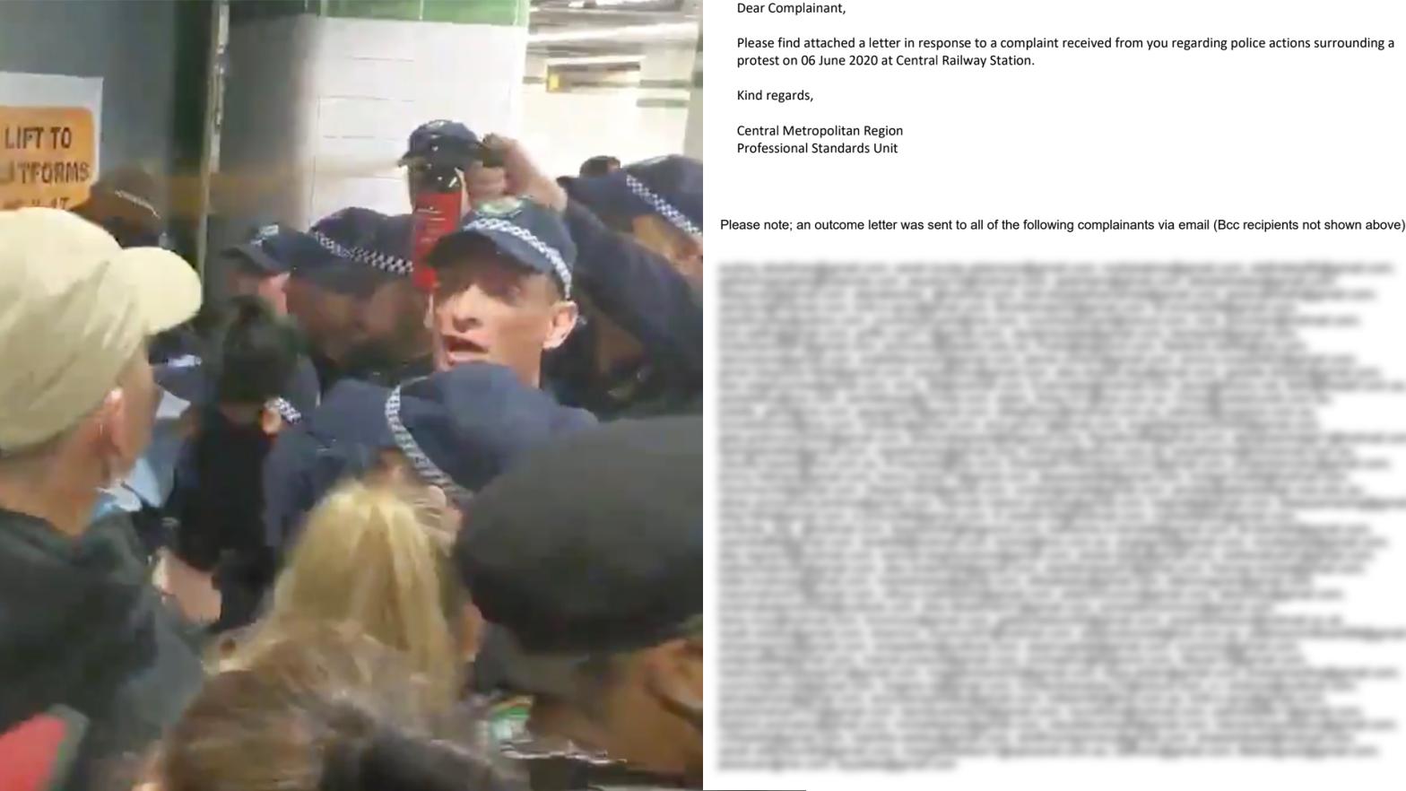 A split image of NSW Police pepper spraying protestors and a blurred copy of the letter leaking email addresses of complainants