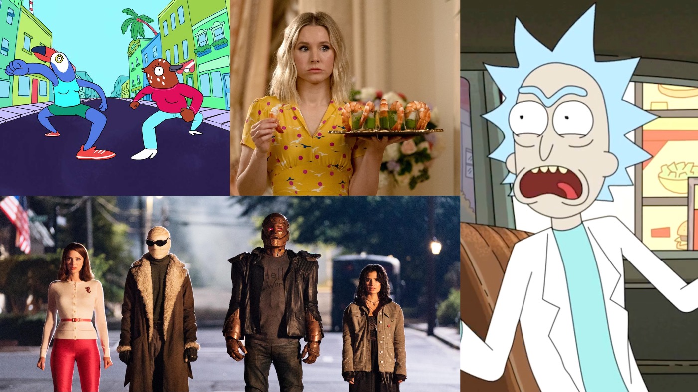 Clockwise from left: Tuca and Bertie, The Good Place, Rick and Morty, and Doom Patrol. (Image: Netflix,Image: NBC,Image: Adult Swim,Image: DC Universe)