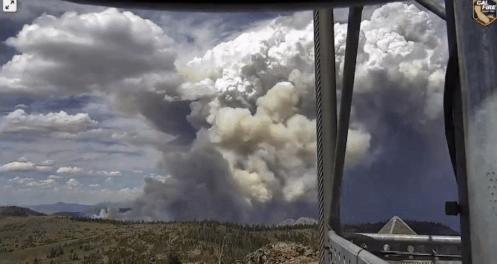 The Loyalton Fire currently raging in California produced a fiery vortex on Saturday, leading the National Weather Service to issue its first-ever tornado warning for a twister spawned by fire.  (Gif: CAL Fire)