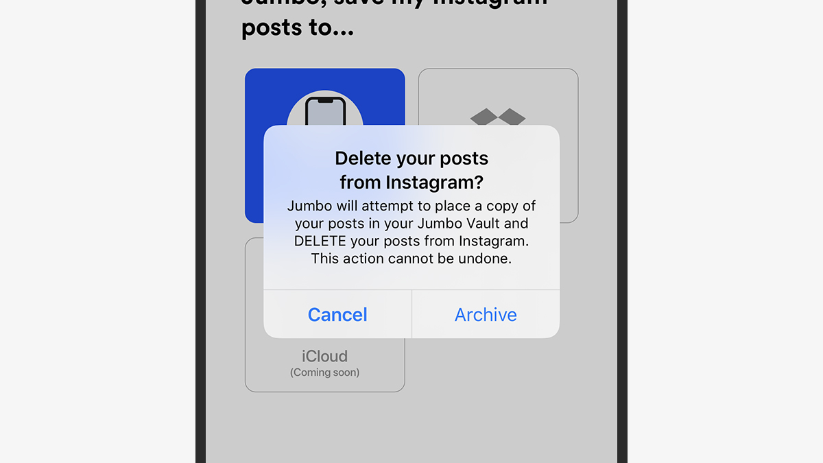 Jumbo will save posts locally before deleting. (Screenshot: Jumbo)
