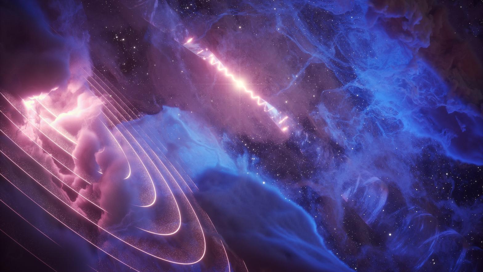 Artist's conception of microquasar SS 433, as seen in the background, and the gas cloud Fermi J1913+0515, seen in the foreground and left. The two objects are in rhythm, despite being 100 light-years apart.  (Image: DESY, Science Communication Lab)