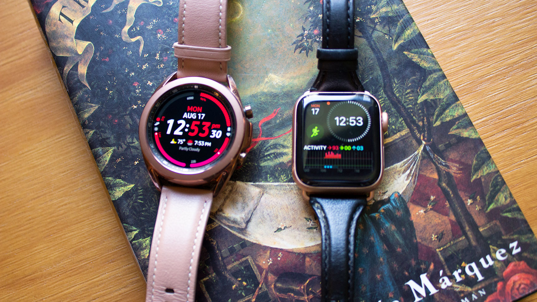 A side-by-side comparison between the Galaxy Watch 3 and the Apple Watch Series 5. In terms of fitness-tracking accuracy, the Galaxy Watch 3 has drastically improved and is comparable to the Series 5.  (Photo: Victoria Song/Gizmodo)