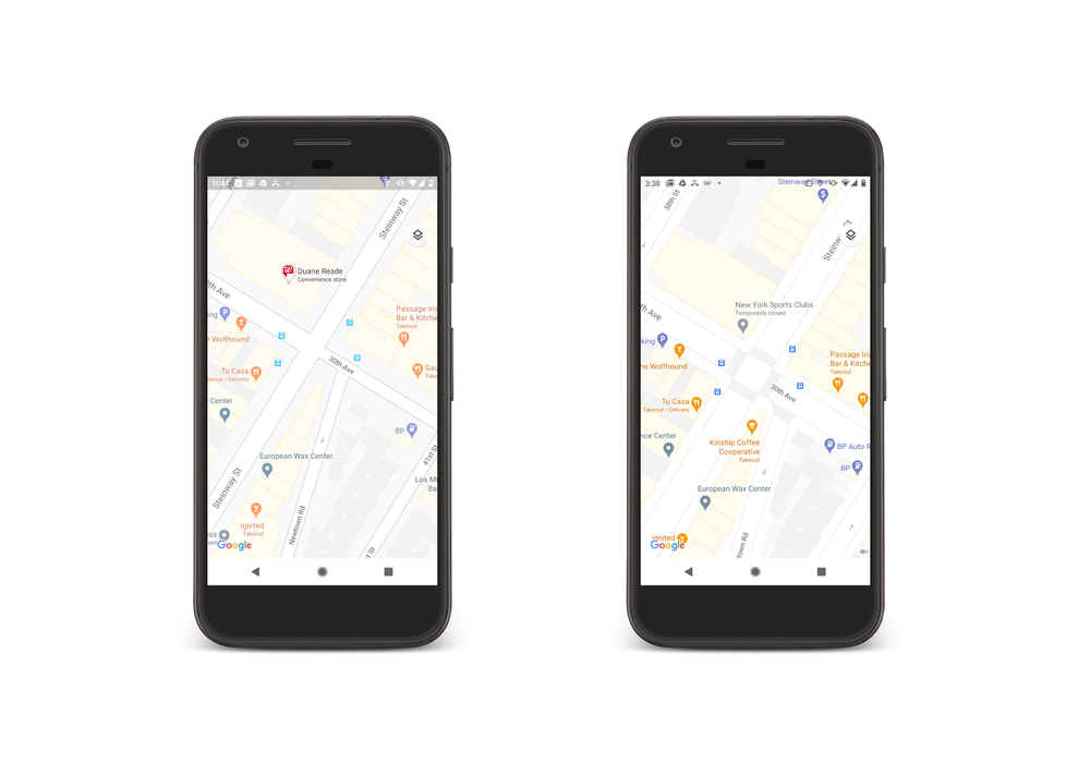 In the update screenshot (right), Google Maps outlines crosswalks and footpaths among other details. (Graphic: Google)