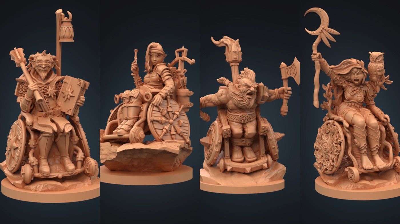 A collection of new combat wheelchair miniatures for Dungeons & Dragons. (Image: Strata Miniatures)