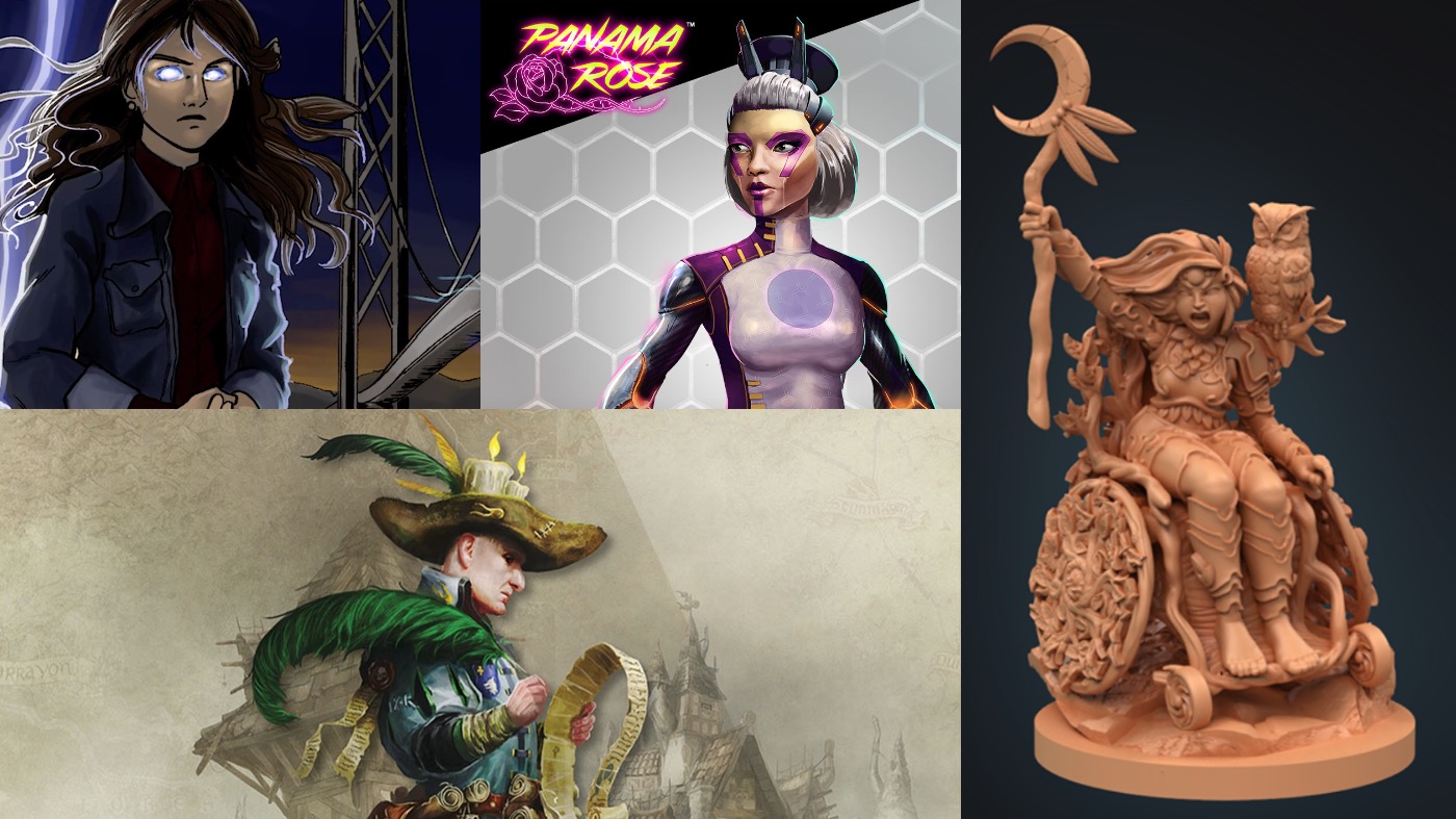 Clockwise from left: The Great American Witch, Altered Carbon: Fightdrome, Human Druid miniature, and Warhammer: It's Your Funeral. (Image: Christopher Grey,Image: Warcradle Studios,Image: Strata Miniatures,Image: Cubicle 7 Entertainment)
