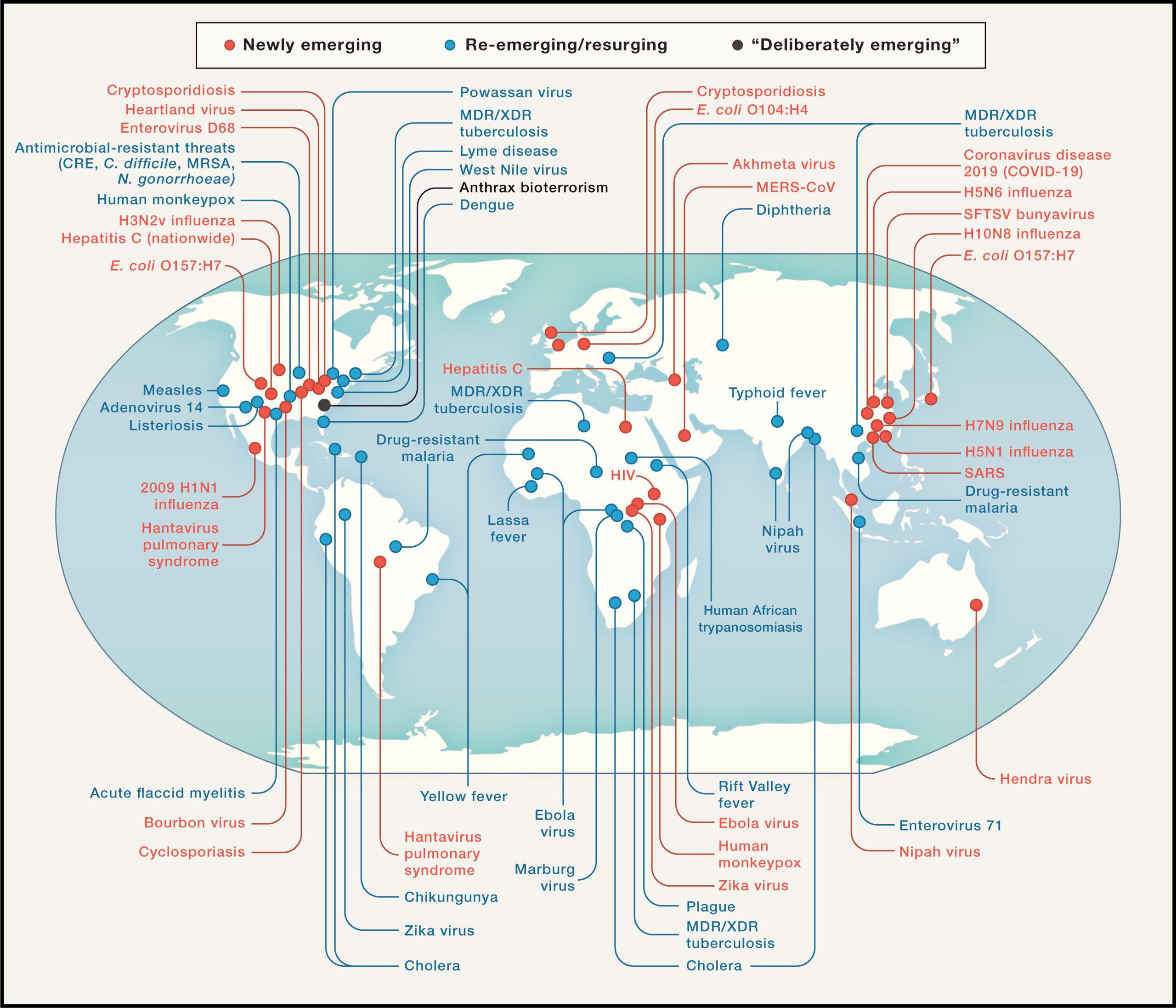 A map showing newly emerging and reemerging infectious diseases that have recently or could someday pose a serious threat to people's health. The dots indicate where they were discovered or are most relevant currently. (Image: Anthony Fauci, David Morens/Cell)