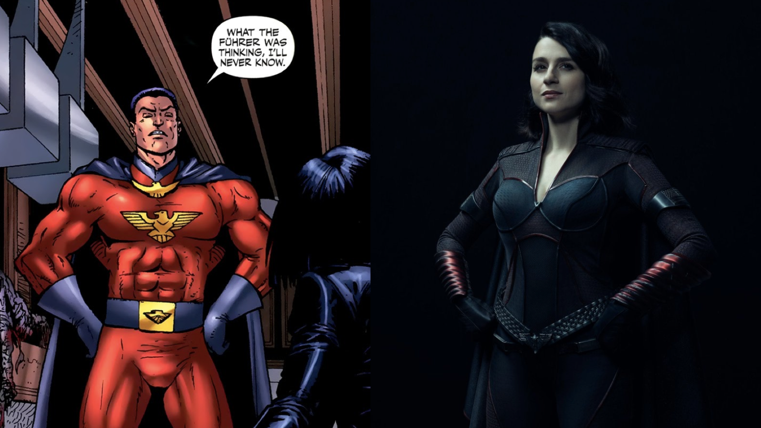 Stormfront as he appears in issue #31, and Stormfront as portrayed by Aya Cash. (Image: Carlos Ezquerra, Hector Ezquerra, Tony Aviña, Simon Bowland, Dynamite, Amazon Studios)