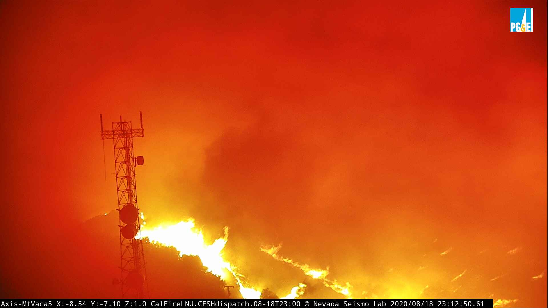 The last moment before the Mount Vaca camera went offline due to the LNU Lightning Complex fire. (Screenshot: Earther)
