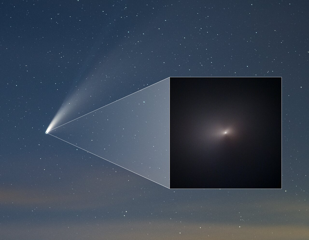 NEOWISE comet as seen from the ground on July 18, and the new close-up image, inset, taken by Hubble on August 8. (Image: NASA, ESA, Q. Zhang (California Institute of Technology), A. Pagan (STScI), and Z. Levay)