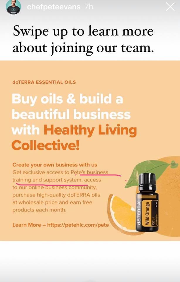 Screenshot of a Pete Evans Instagram story about joining a MLM