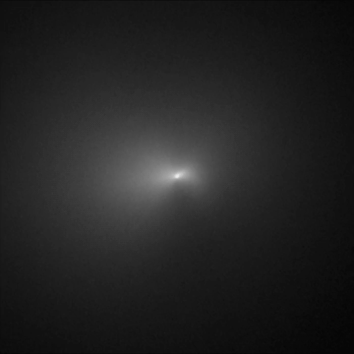 Video showing the rotation of Comet NEOWISE shortly after it passed by the Sun. These two frames were taken three hours apart on August 8. The pair of jets emerging from the nucleus are being fanned out by the comet's rotation. (Gif: NASA, ESA, Q. Zhang (Caltech), and A. Pagan (STScI)