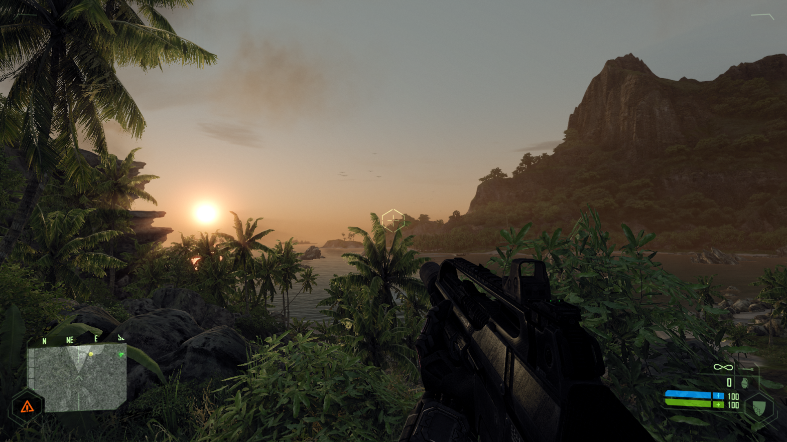 Crysis at 1080p with the graphics maxed out (Ryzen 5 3600XT, RTX 2080 Ti). Wouldn't the sun-sheen on the gun look even better if it was ray traced? (Screenshot: Joanna Nelius/Gizmodo)