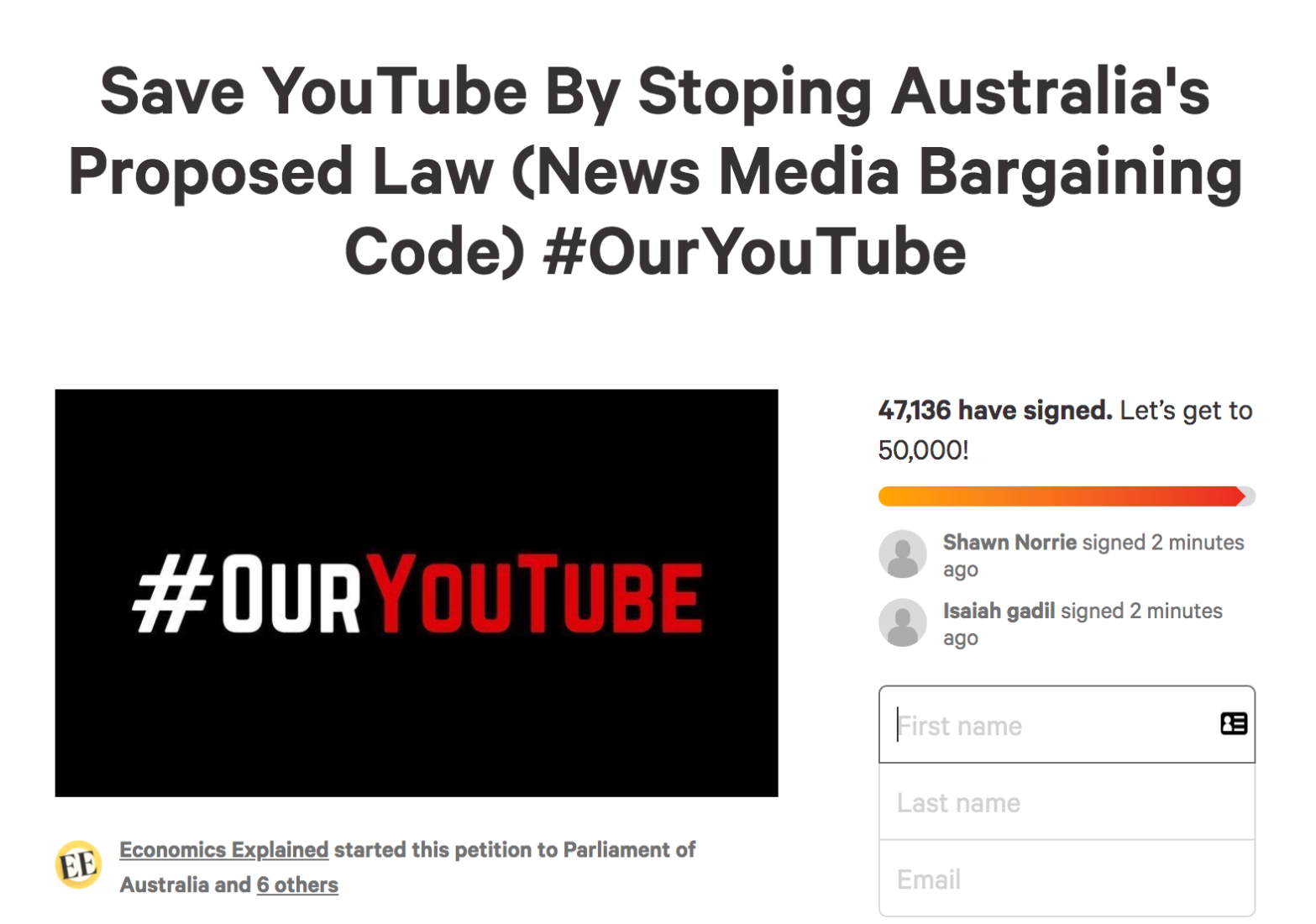 screenshot of a Youtube petition about the ACCC draft code sent to politicians