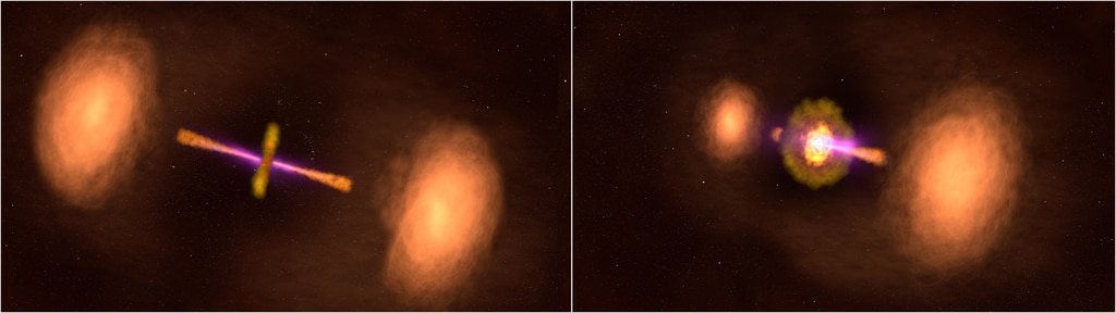 Artist's interpretation of the active galactic nucleus, as it would be seen perpendicularly (left), and as we see it off-angle from Earth (right).  (Image: NASA’s Goddard Space Flight Centre)