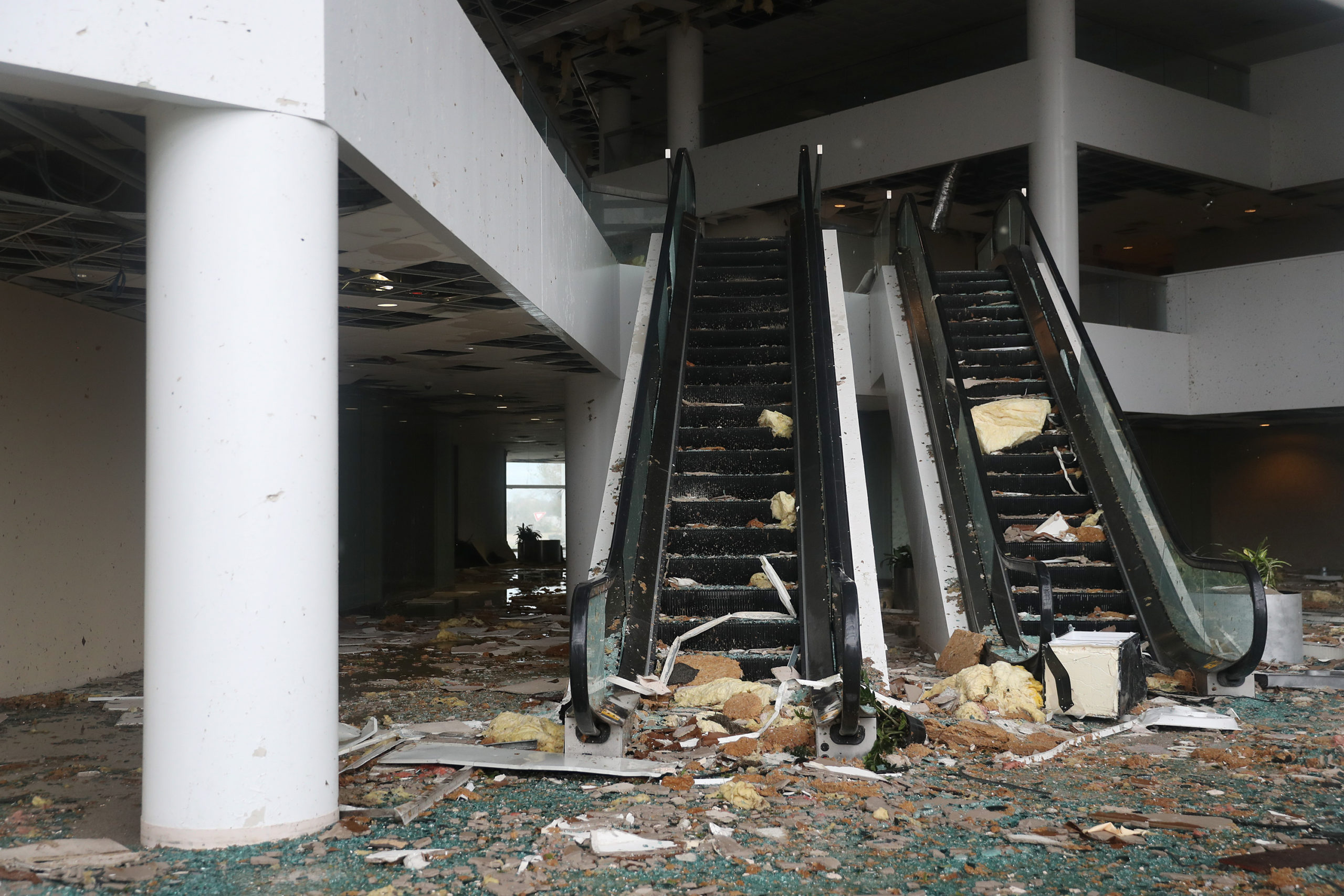 An escalator is seen in Capital One Tower that had its windows blown out in the downtown area after Hurricane Laura passed through on August 27, 2020 in Lake Charles, Louisiana. (Photo: Joe Raedle, Getty Images)
