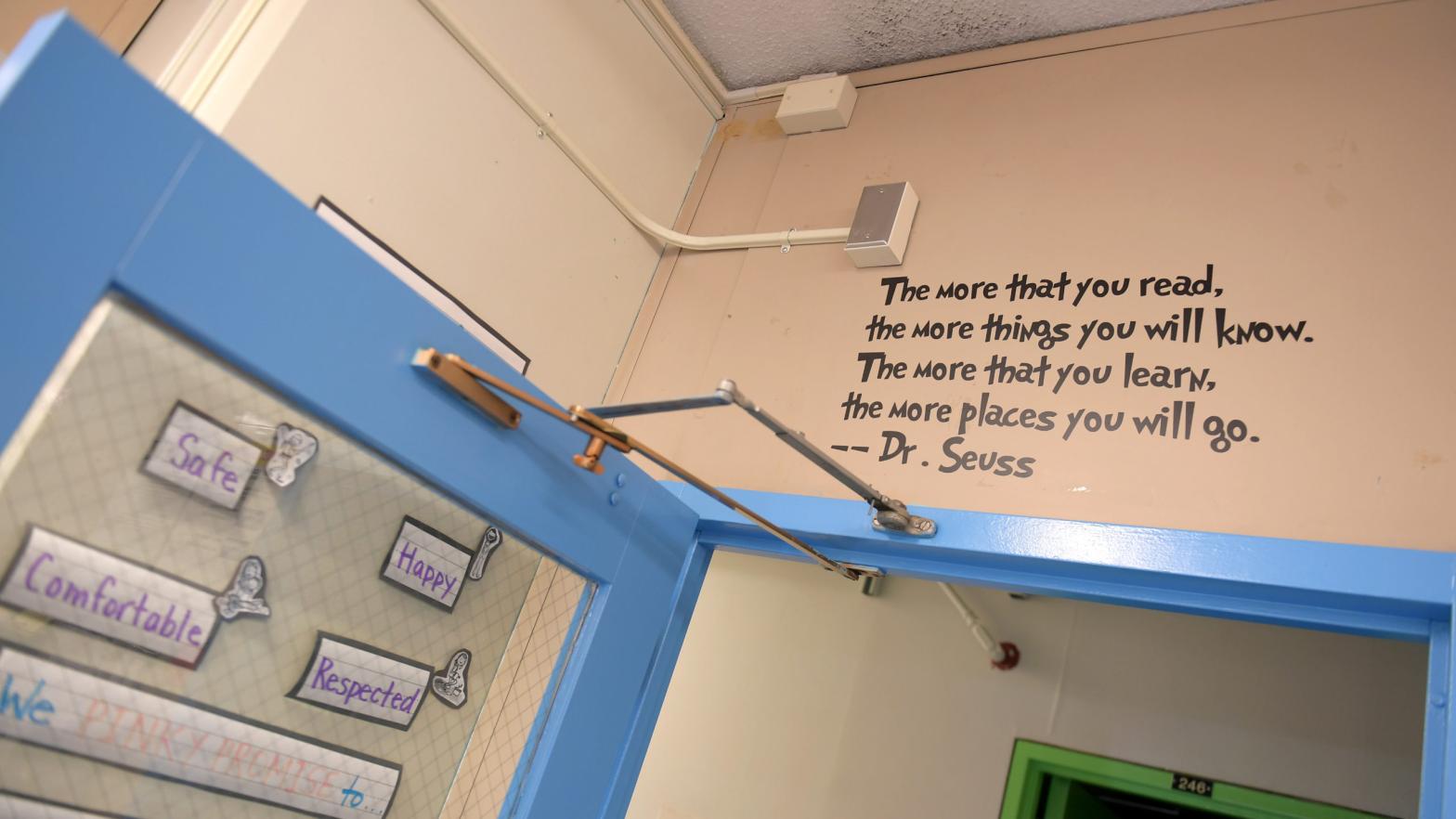 A Dr. Seuss quote is seen painted above a classroom door at a New York City public school on August 25, 2020. (Photo: Michael Loccisano, Getty Images)