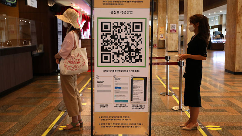 Instructions and QR code for SafeEntry contact tracing is displayed amid coronavirus at a Sejong Culture Centre for ahead of musical 'Mozart' on July 21, 2020 in Seoul, South Korea. (Photo: Chung Sung-Jun, Getty Images)
