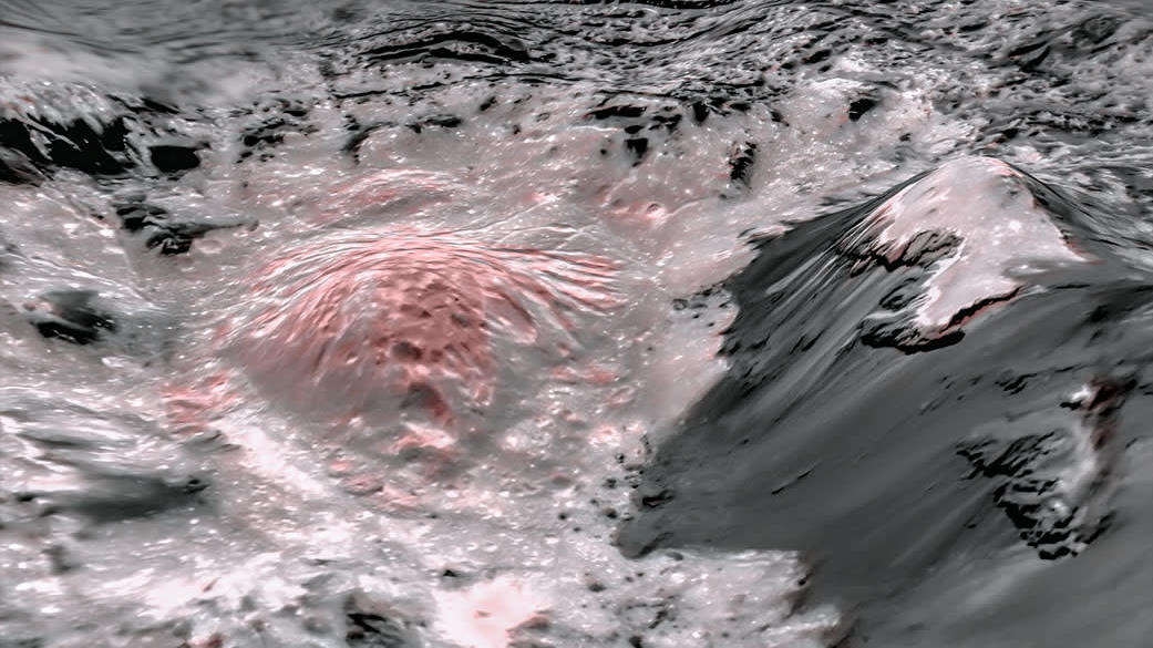 False-colour image showing interior portions of Occator Crater. The pinkish areas indicate regions in which exposed brine spilled out onto the dwarf planet's surface. (Image: NASA/JPL-Caltech/UCLA/MPS/DLR/IDA)