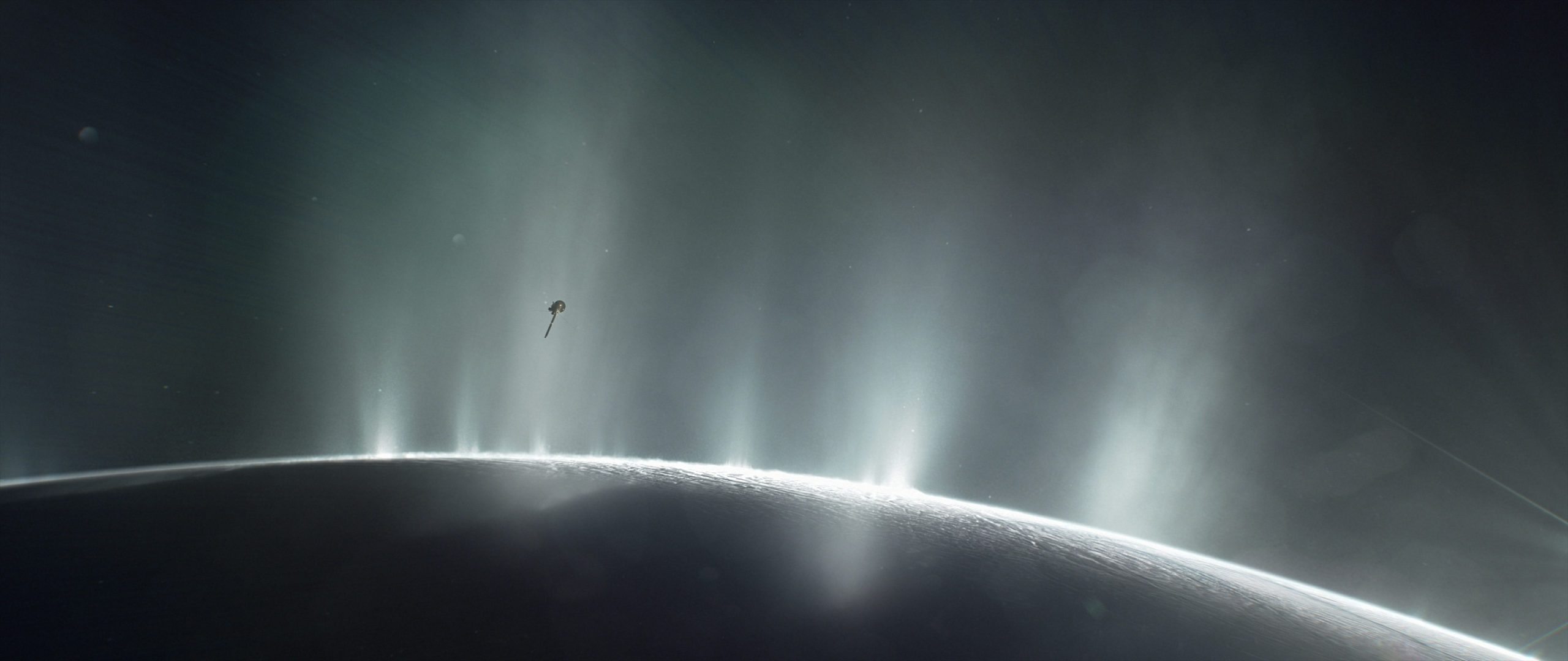 Artist's depiction of the Cassini probe travelling through the geysers shooting up from Enceladus.  (Image: NASA/JPL-Caltech)