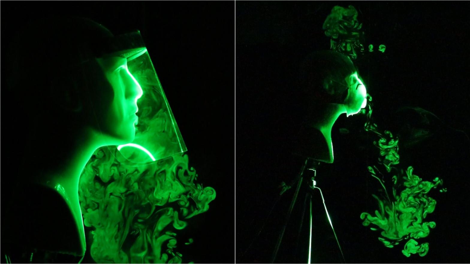 Using lasers, engineers at Florida Atlantic University were able to visualise what happens to aerosolised droplets when they're exhaled out through a face shield (left) or N95 mask with an exhaust valve (right).  (Photo: Florida Atlantic University’s College of Engineering and Computer Science)