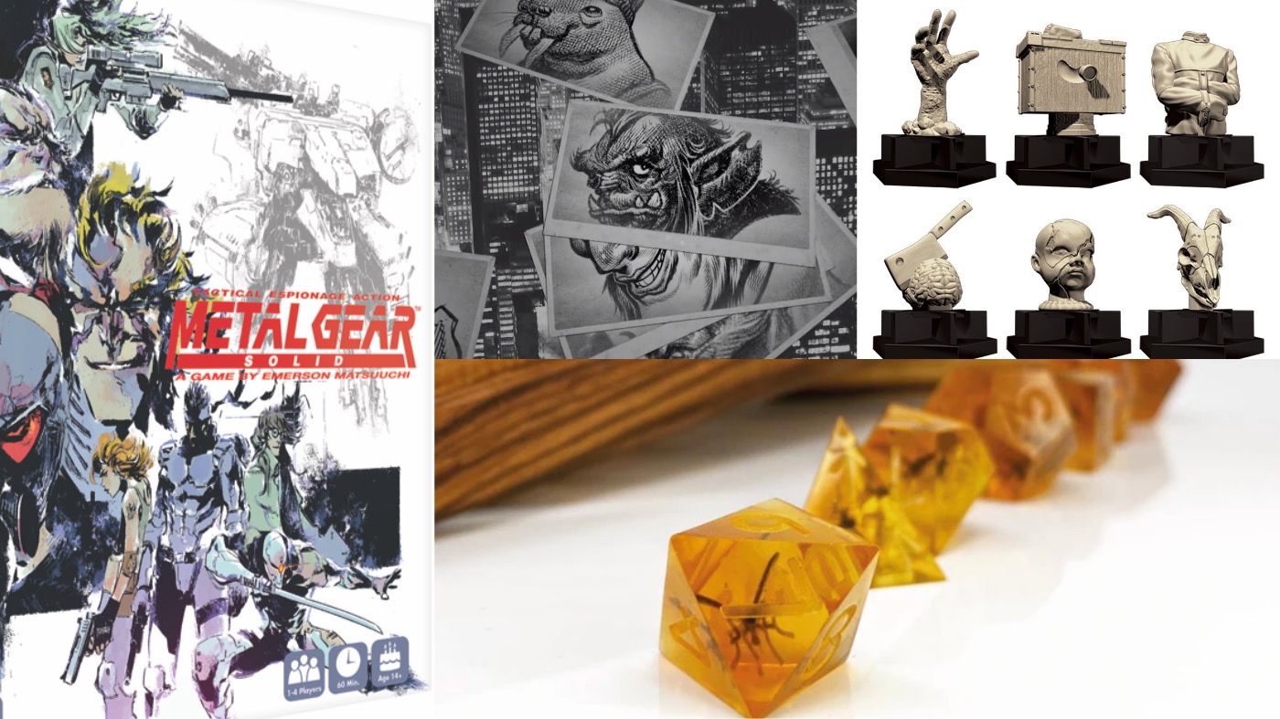 Clockwise from left: Metal Gear Solid: The Board Game, Weird Tales Presents: Pandemonium Noir, Trivial Pursuit: Horror Ultimate Edition, and Mosquito in Amber RPG Dice. (Image: IDW Games,Image: Ravendesk Games,Image: USAopoly,Image: Enrica Martiné)