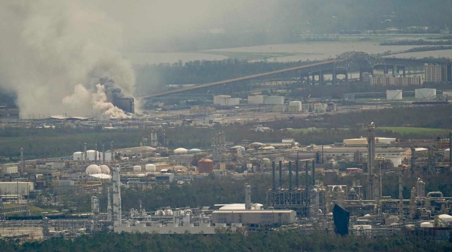 A chemical fire burns at a Biolab manufacturing facility during the aftermath of Hurricane Laura Thursday, Aug. 27, 2020, near Lake Charles, Louisiana. (Photo: David J. Phillip, AP)