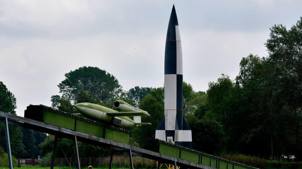 A full-size replica with original parts of V2 rocket at the Technical Historical Museum in Peenemuende, northern Germany. (Photo: TOBIAS SCHWARZ/AFP via Getty Images, Getty Images)