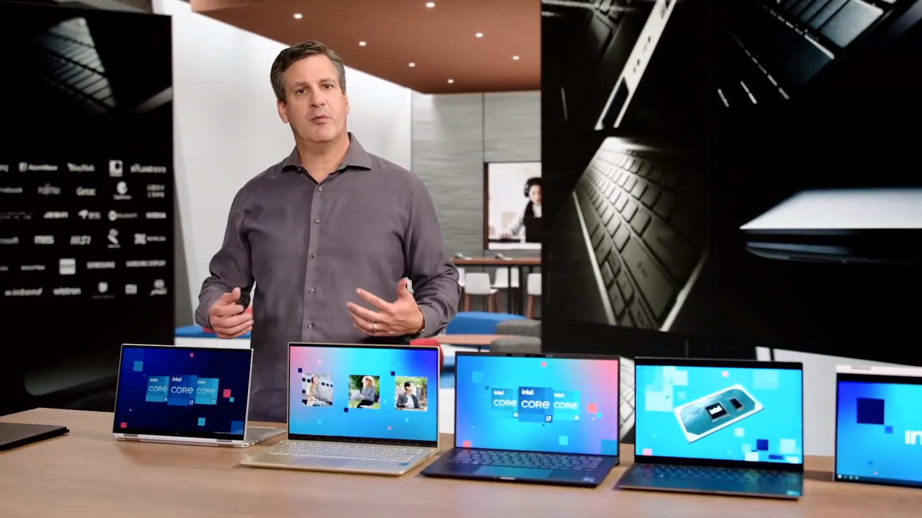 Chris Walker, Intel Corporate Vice President and GM Mobile Client Platforms, shows off some of the laptops to include Intel's 11th-gen processors with Iris Xe Graphics. (Screenshot: Intel)