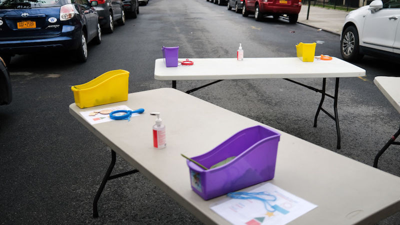 Tables were set up for students in the street at the outdoor learning demonstration in New York City. (Photo: Spencer Platt, Getty Images)
