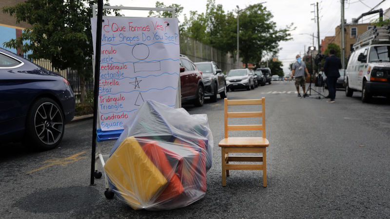 Supplies for the outdoor setup included seat cushions for students and a portable drawing board. (Photo: Spencer Platt, Getty Images)