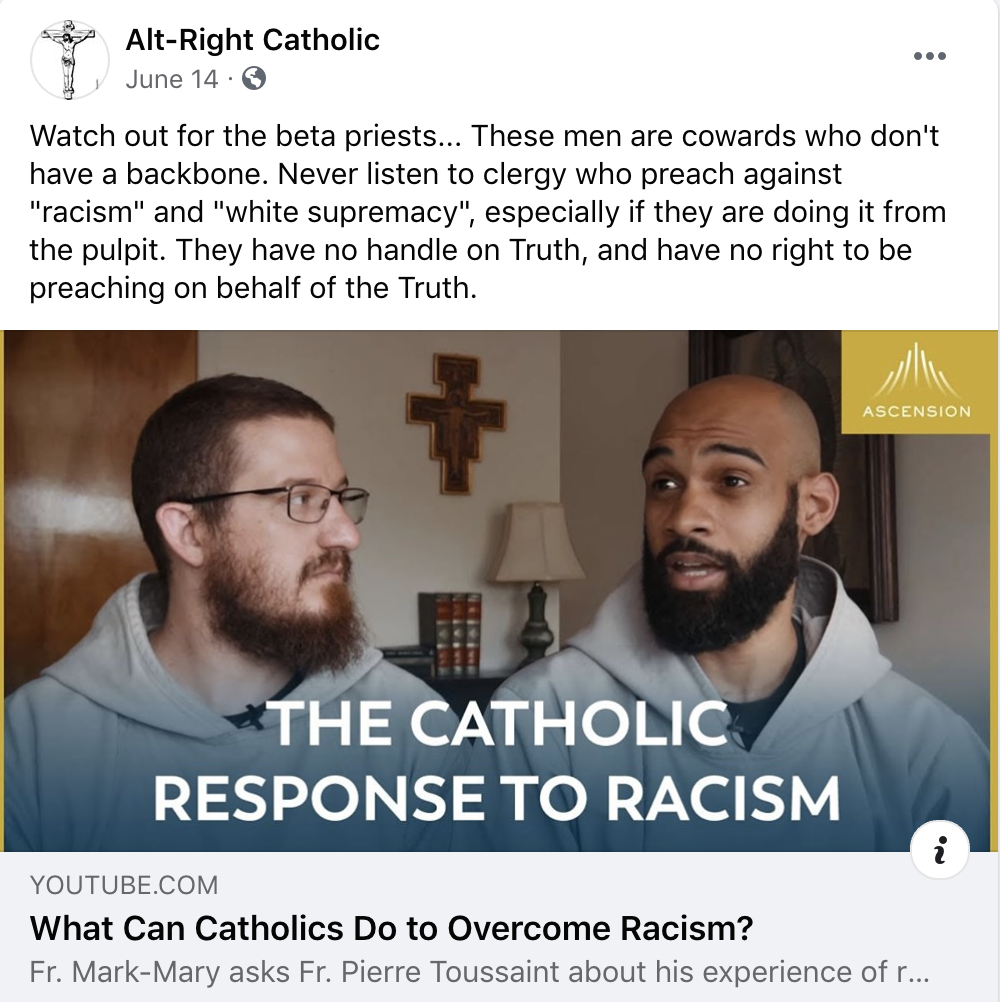 screenshot of post from the alt right catholic Facebook page followed by a George Christensen account
