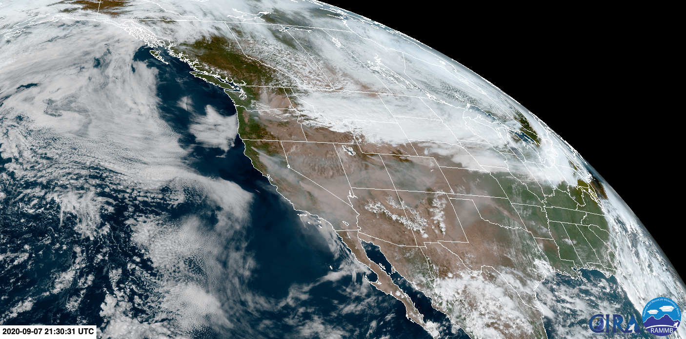 The West as seen from GOES-17, on fire and about to get snowed in. (Image: CIRA/NOAA)