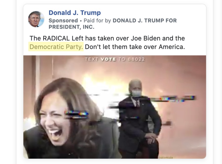 The new Facebook ad from the Donald J. Trump presidential campaign, with highlighted text by Gizmodo (Screenshot: Facebook Ad Library/Donald J. Trump Facebook)