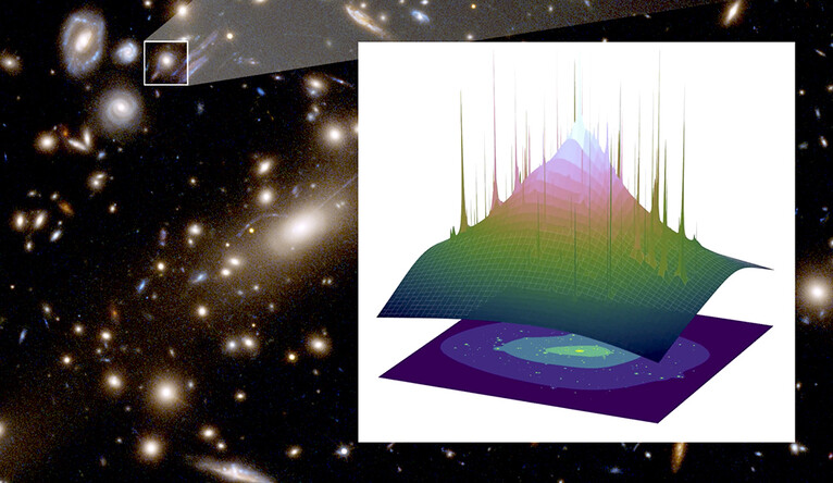 Hubble image of the lensing cluster MACS J1206. Inset image shows the spatial distribution of dark matter, with the spikes indicating individual galaxies.  (Image: NASA, ESA, G. Caminha (University of Groningen), M. Meneghetti (Observatory of Astrophysics and Space Science of Bologna), P. Natarajan (Yale University), and the CLASH team)