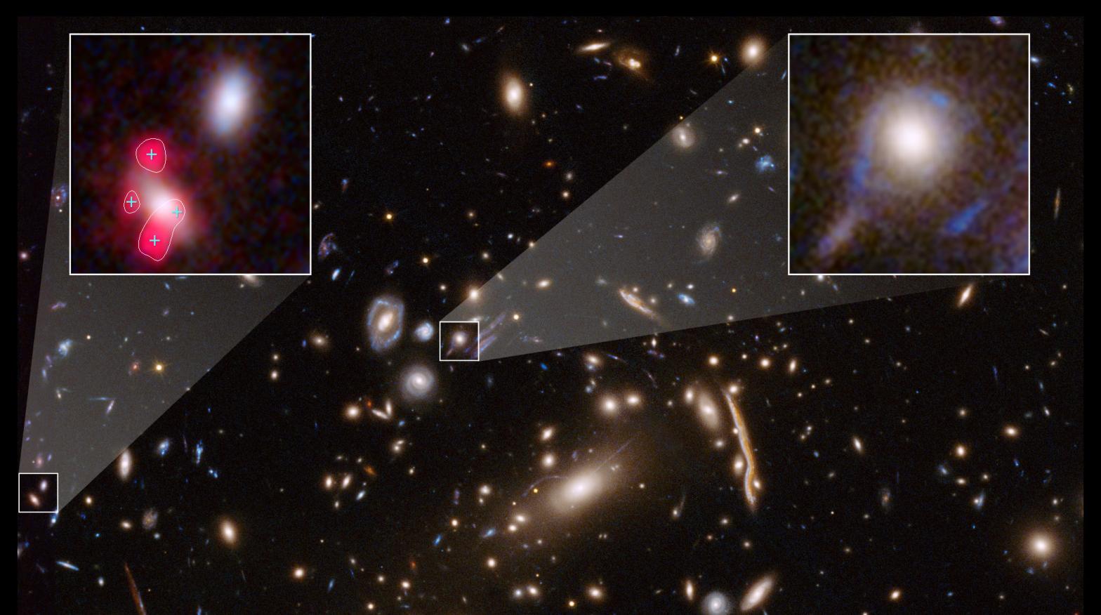 Hubble image showing galaxy cluster MACSJ 1206, with individual galaxies shown inset, and warped by an astronomical effect known as gravitational lensing.  (Image: NASA, ESA, G. Caminha (University of Groningen), M. Meneghetti (INAFObservatory of Astrophysics and Space Science of Bologna), P. Natarajan (Yale University), CLASH team)