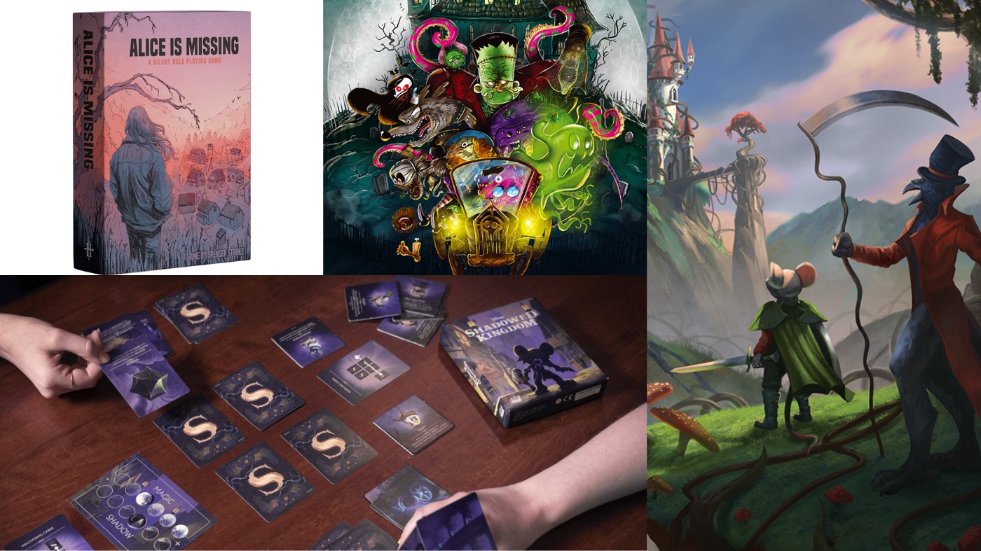 Clockwise from left: Alice Is Missing, Monsters on Board, We're All Mad Here, Disney Shadowed Kingdom. (Image: Renegade Game Studios,Image: Final Frontier Games,Image: Monte Cook Games,Image: Mondo Games)