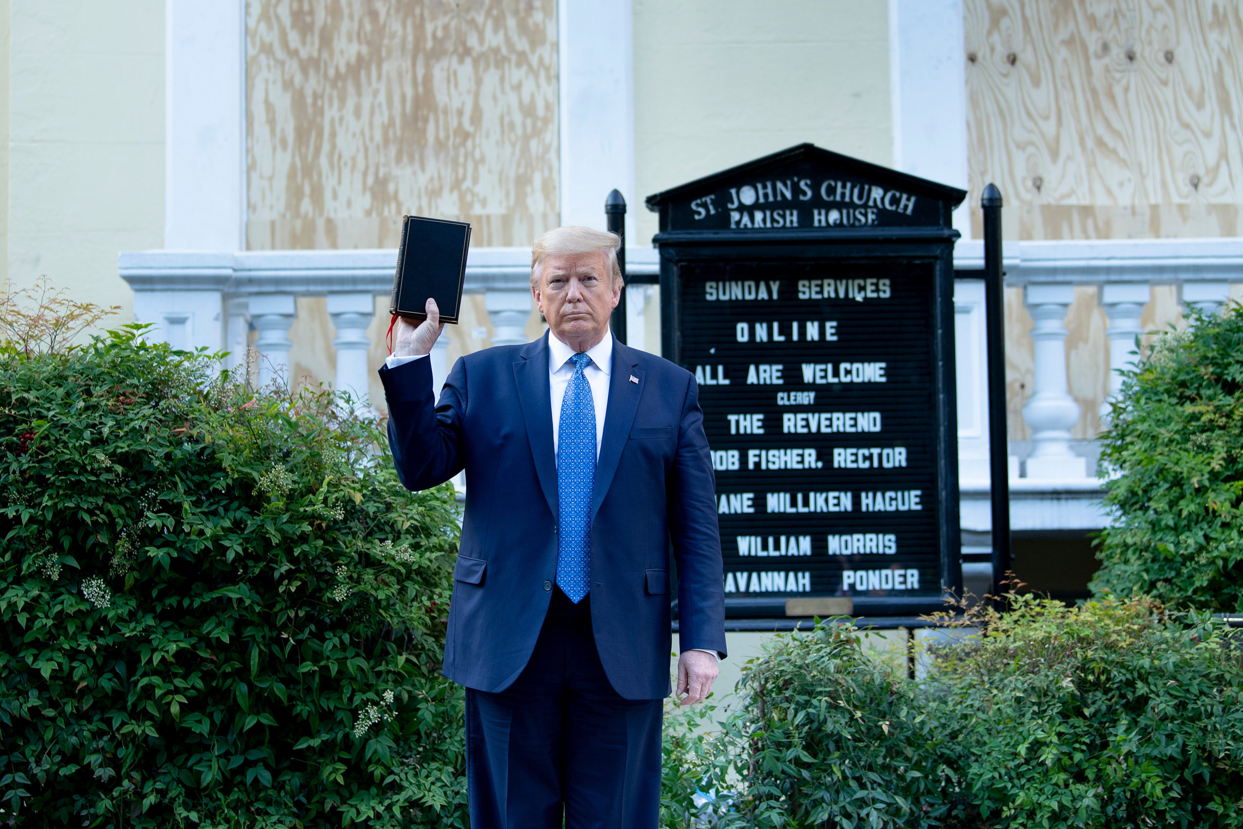 President Donald Trump holds a Bible while visiting St. John's Church across from the White House after the area was cleared of people protesting the death of George Floyd June 1, 2020, in Washington, DC. (Photo: Brendan Smialowski, Getty Images)