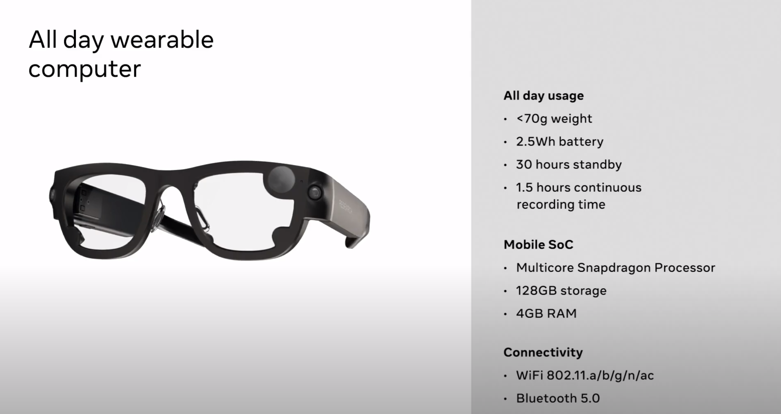 Here are some basic specs about Facebook's Project Aria research glasses. (Photo: Facebook)