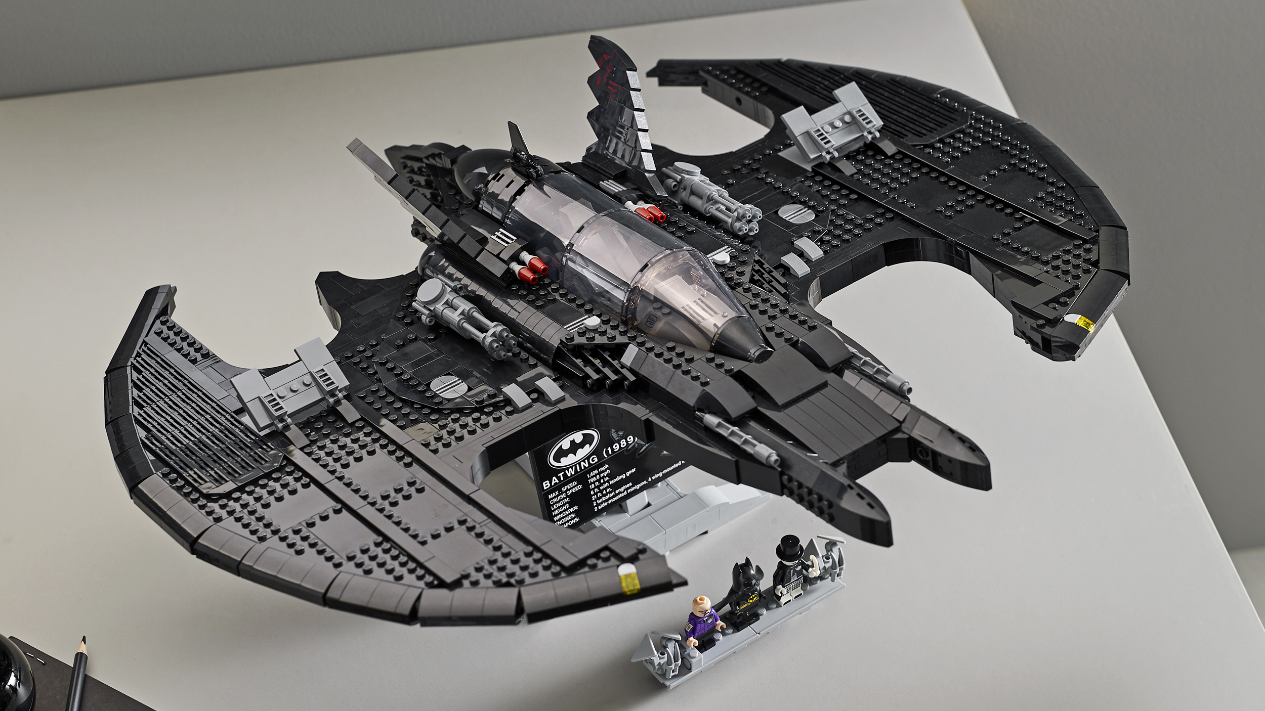 While not a complete studs-not-on-top (SNOT) build, as with the 1989 Batmobile the Lego Batwing faithfully recreates the vehicle's curves. (Image: Lego)