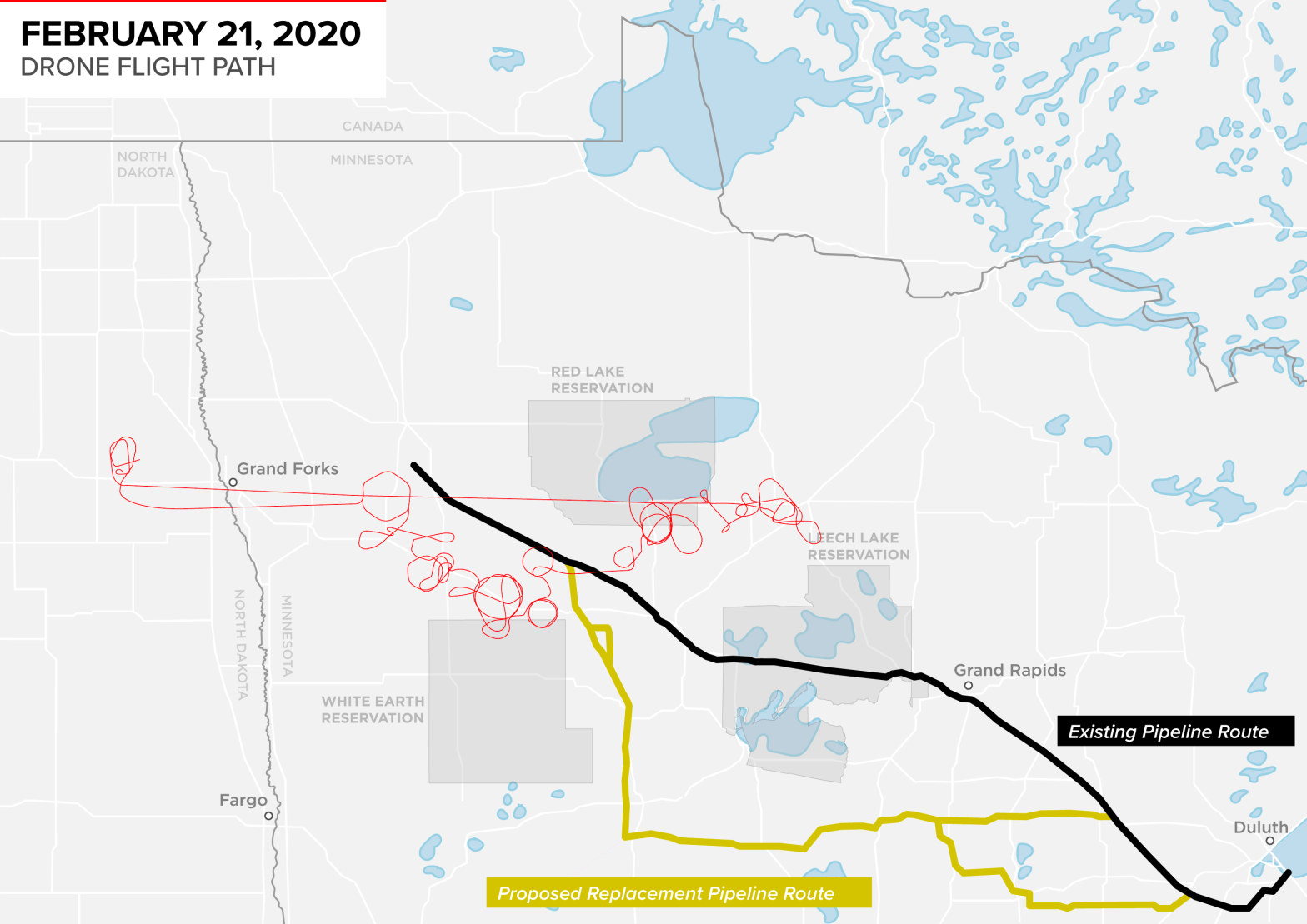 The red line shows the drone route over the region on Feb. 21, the day it flew over Goldtooth's house. The existing portion of Line 3 is in black, and the proposed replacement route is in yellow. Earther is withholding the exact location of Goldtooth's house to respect his privacy. (Graphic: Jim Cooke)