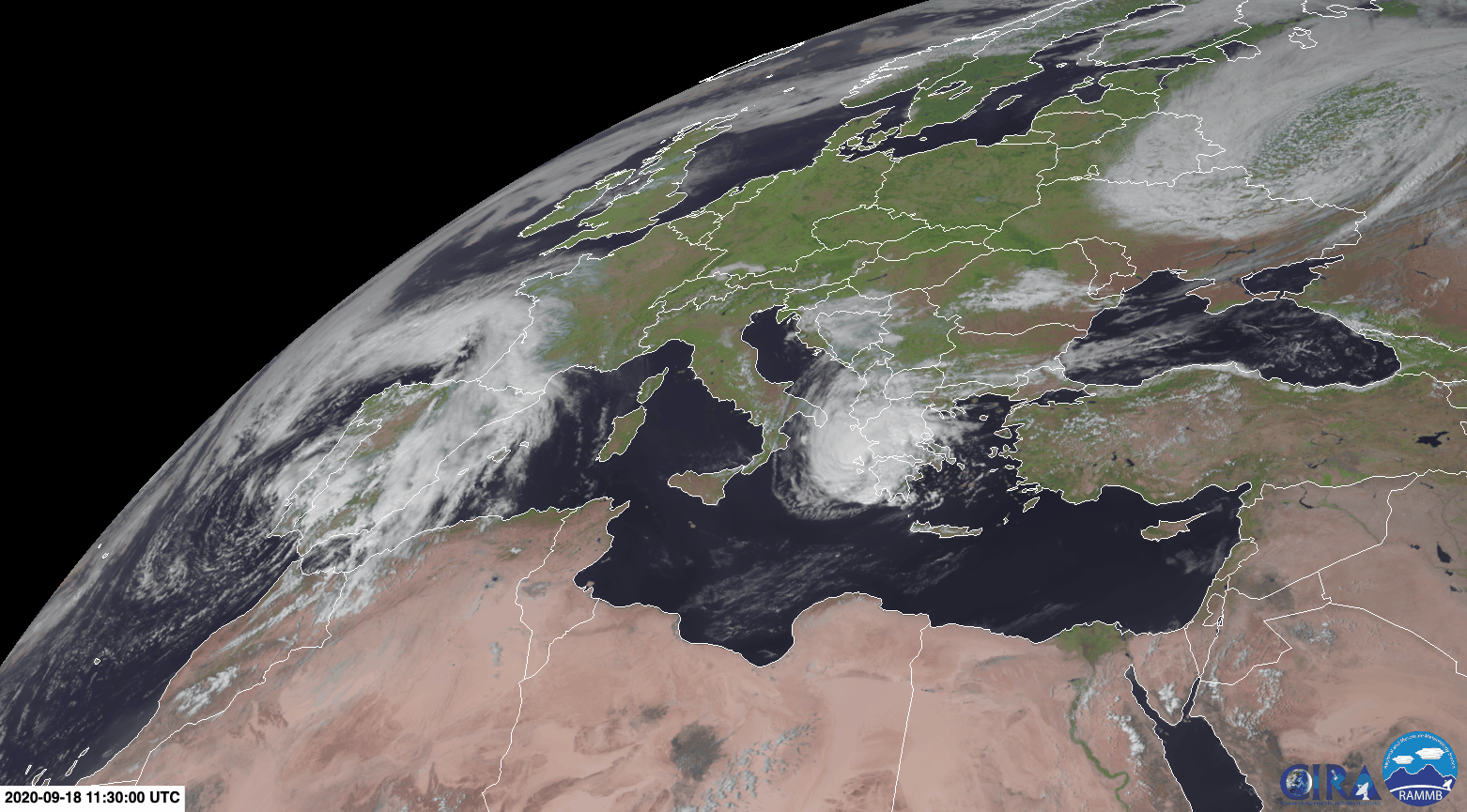 There's Storm Ianos, twirling away near Greece. (Gif: CIRA/NOAA)